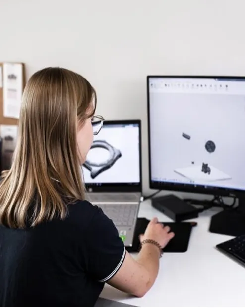 Inżynier analizuje na komputerze model 3D komponentu technicznego przed wyceną i drukiem w technologii SLA.