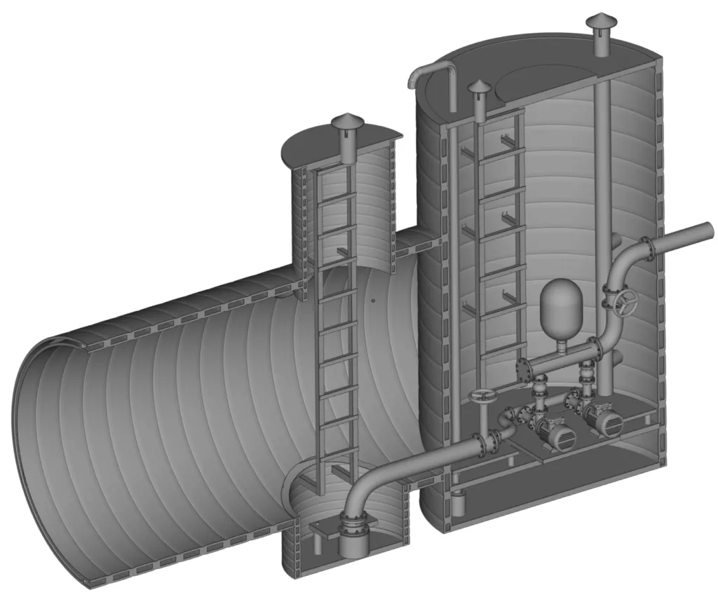 Przekrój techniczny 3D przepompowni z systemem pomp, rurociągów i drabin rewizyjnych. Cyfrowa makieta infrastruktury wodno-kanalizacyjnej przedstawiająca detale konstrukcyjne szybu i komory pomp.