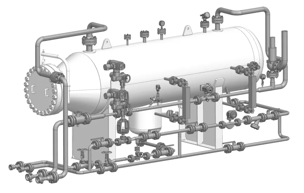 Trójwymiarowy model techniczny poziomego zbiornika ciśnieniowego zintegrowanego z rozbudowanym orurowaniem i armaturą przemysłową. Cyfrowa makieta 3D urządzenia typu skid z widocznymi detalami zaworów, czujników oraz oprzyrządowania procesowego.