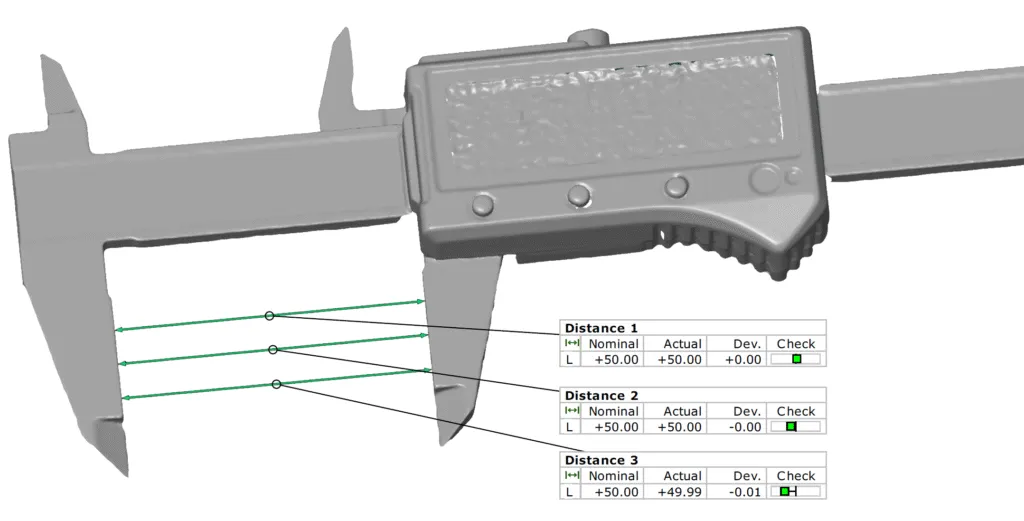 Skanowanie 3D suwmiarki cyfrowej z analizą wymiarów oraz porównaniem wartości nominalnych i rzeczywistych w procesie kontroli jakości.